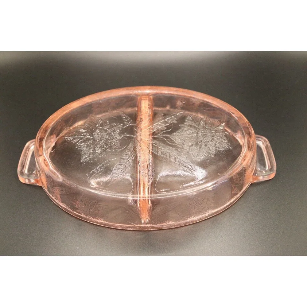 Pink Depression Glass Floral Poinsettia Two-Part Relish Dish Bowl Handles 8”